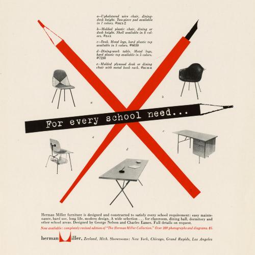 Advertisements depicts: crossing red pencil and brush with modern furniture