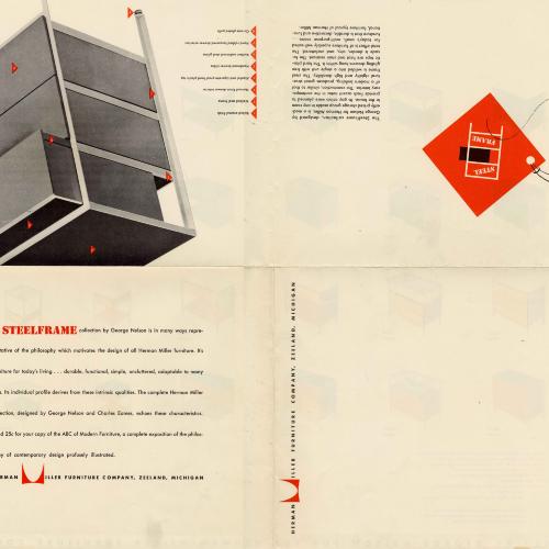 Promotional materials depicts: mailer with red tag and modern desk
