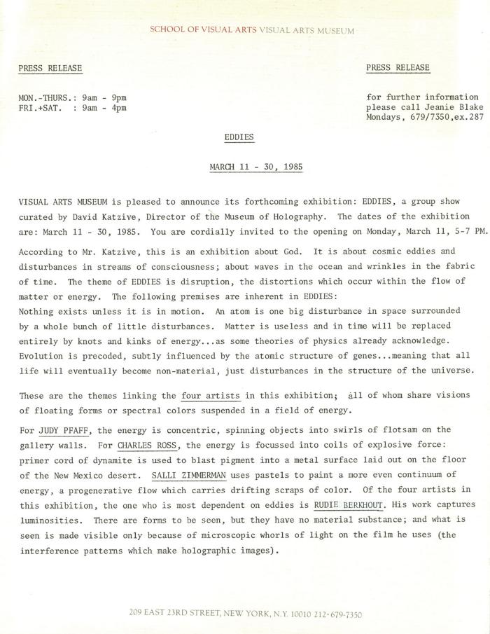 Press Releases depicts: Typewritten document describing exhibition