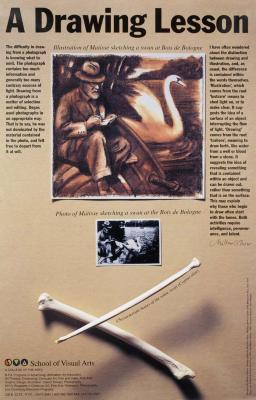 Posters depicts: Drawing of Matisse sketching a swan. Below the sketch is a photo of the same scene. Below that, criss-crossed bones. 