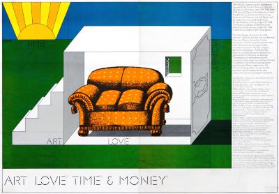 Posters depicts: orange poster in white cube with sun in background