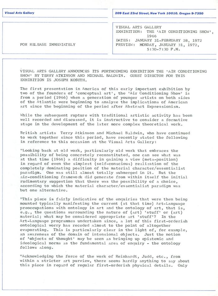 Press Releases depicts: Typewritten description of exhibition