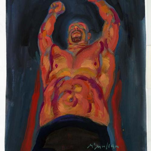Original Art depicts: Worm's eye view of a shirtless Steve Austin with his arms above his head and in blue jeans. The illustration has bright colors and is slightly abstract.