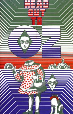Posters, Posters depicts: A little girl in a polka dot dress carrying a basket and giving a thumbs up stands next to a sitting dog. Both the girl and the dog have their heads floating above their bodies, with white, red, blue, and green striped designs in the background.