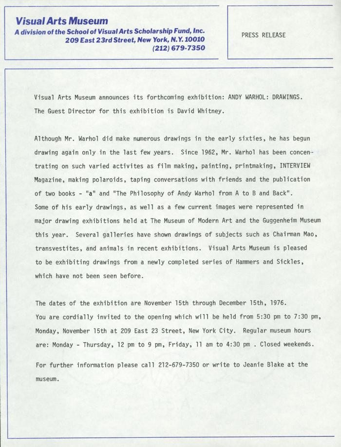 Press Releases depicts: Typewritten description of exhibition