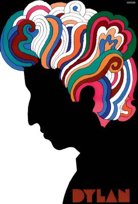 Posters depicts: Black profile of Bob Dylan with colorful hair