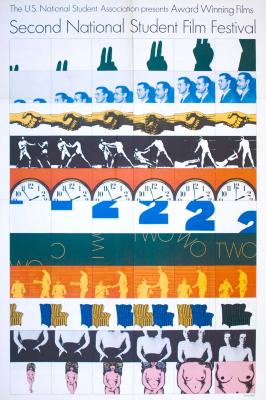 Posters depicts: grid of boxes containing serialized images that move through the frames including a clock, a nude, and the numver two.