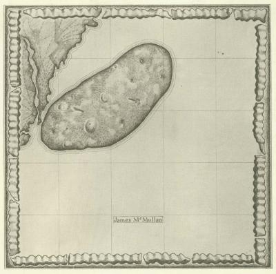 A pencil illustration of a map of Long Island in the upper left of the image, but it is shaped like a potato. There is a wavy pattern along the border of the image.