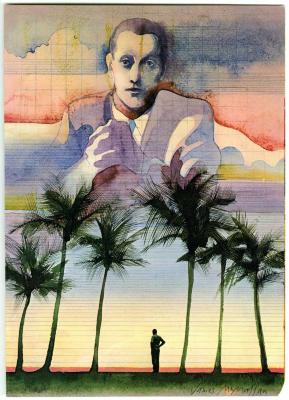 Clippings/Tearsheets depicts: Front view bust of a man in a suit in a sunset. Below are palm trees, and a silhouette in the distance under the palm trees.