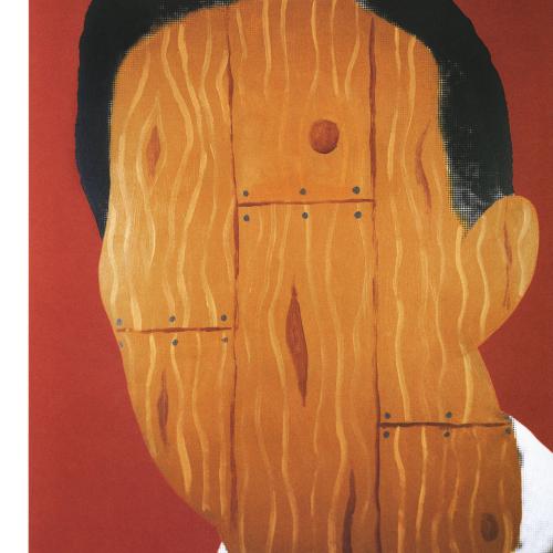 Portfolios depicts: black and white photograph of mid-20th-century man's face, face replaced to reveal wood slats like those of a wall or floor