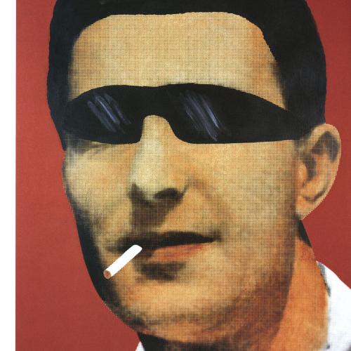 Portfolios depicts: black and white photograph of mid-20th-century man's face, with added wraparound sunglasses and cigarette