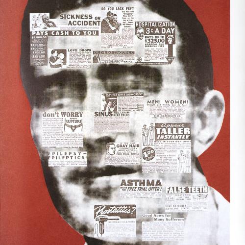Portfolios depicts: black and white photograph of mid-20th-century man's face, face covered in various advertisements for mid-century medical orthopedics