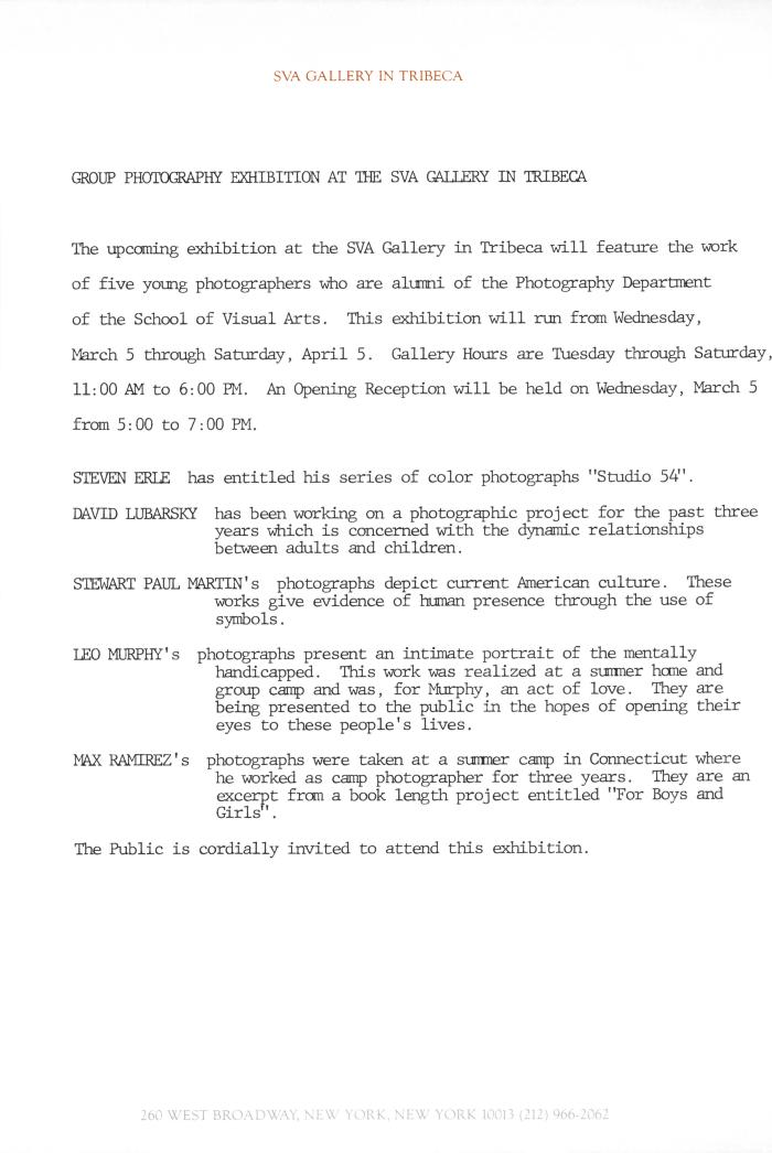 Press Releases depicts: Typewritten description of exhibition