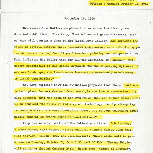 Prints depicts: typed press release on Visual Arts Gallery letterhead