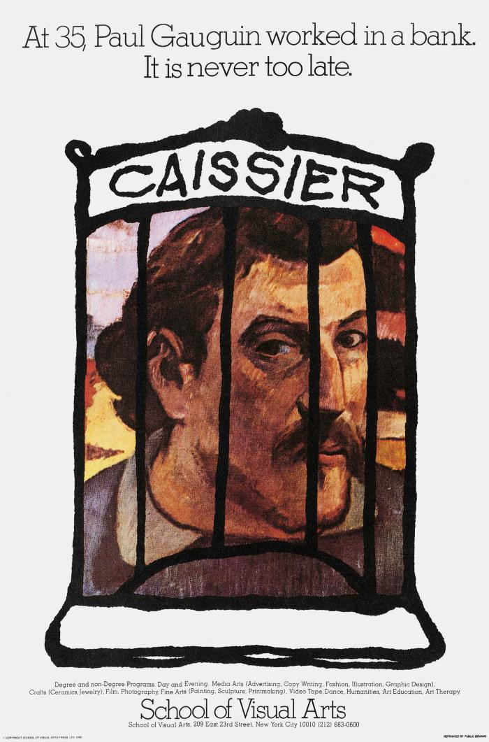 Posters depicts: Gaugin's self portrait behind a simple depiction of a bank teller station against a white background.
