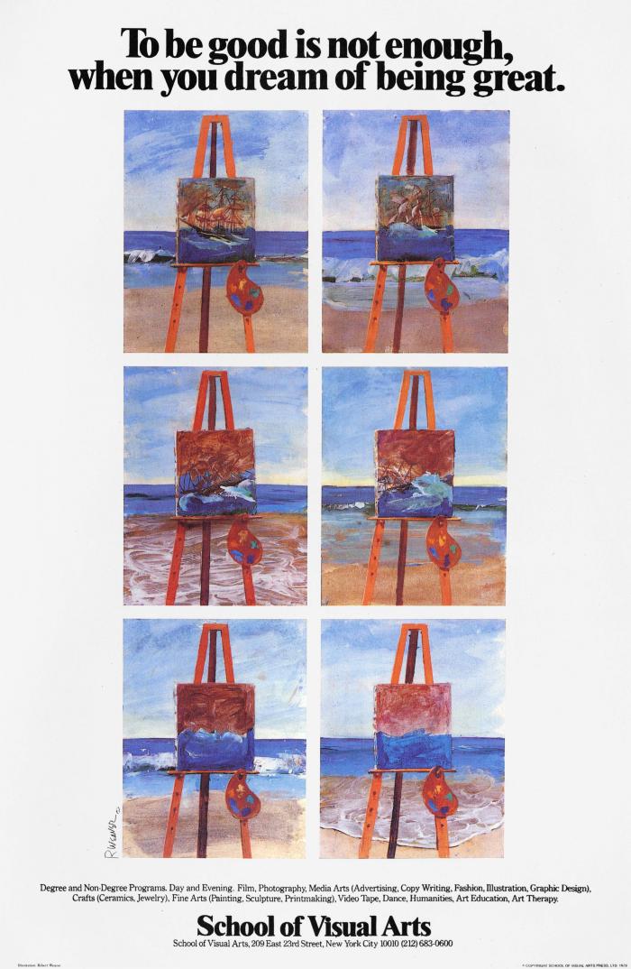 Posters depicts: Color illustration of a grid of seemingly identical portraits of ships on easels on a beach, save for the boat sinking more in every frame, and the tides coming in and out.