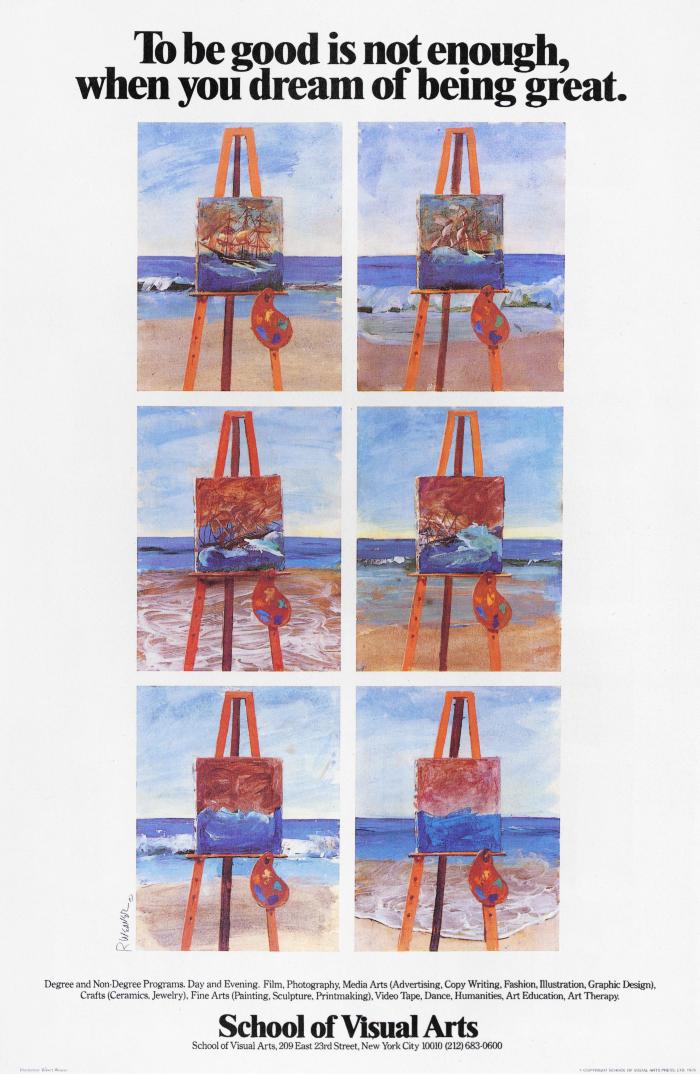 Posters depicts: Color illustration of a grid of seemingly identical portraits of ships on easels on a beach, save for the boat sinking more in every frame, and the tides coming in and out.