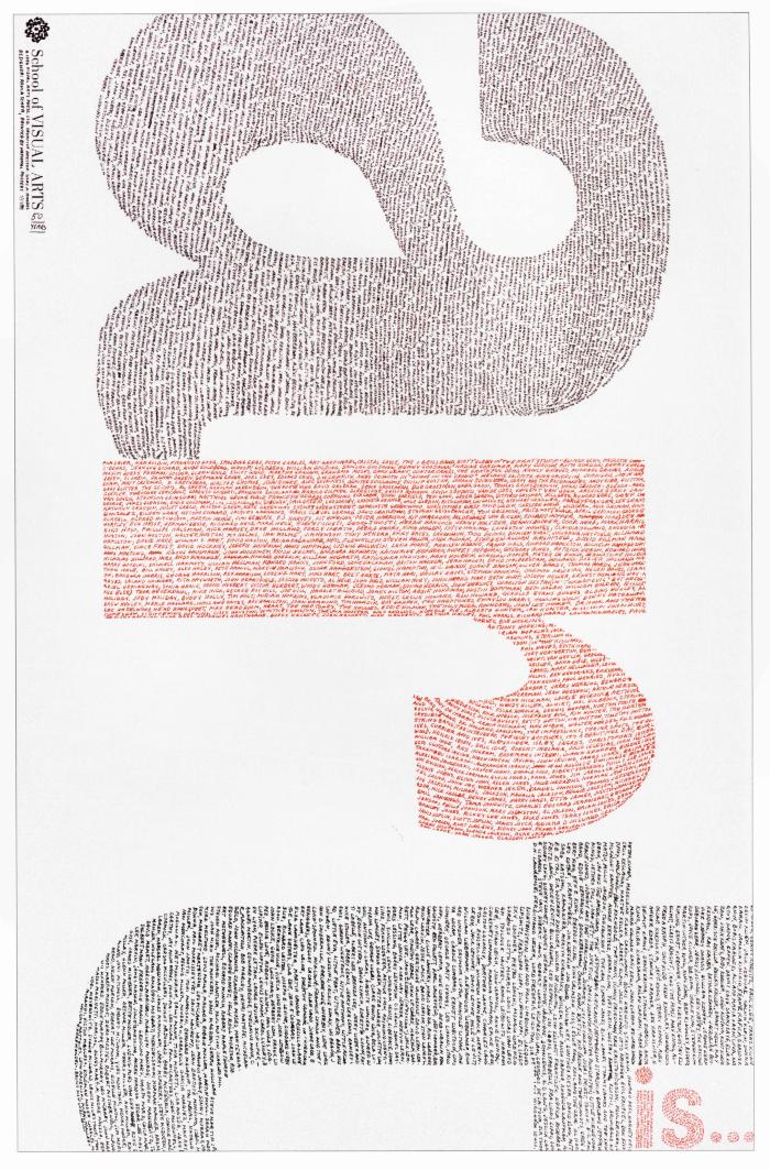 Posters depicts: The word "art" turned vertically, and made up of small red and black text against a white background.