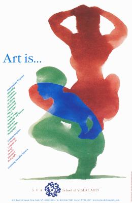 Posters depicts: Overlapping watercolor silhouettes against a white background of two crouching figures; one red, the other green; where they overlap is colored blue.