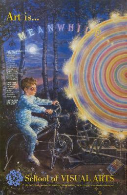 Posters depicts: Realistic illustration of a boy in pajamas riding a stationary bike, in a forest, that operates a large colorful spinning wheel.