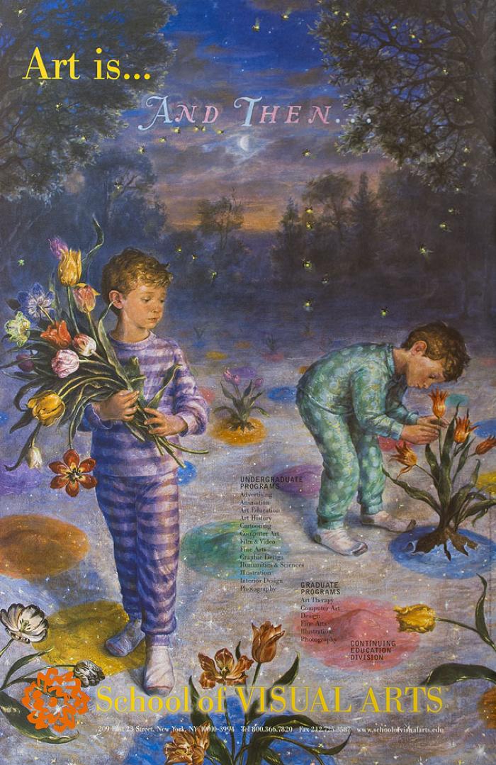 Posters depicts: Realistic illustration of two boys in pajamas wandering in a forest, picking flowers that burst out of colorful spots on the ground.