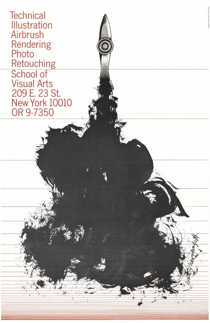 Posters depicts: A drawing of the nib of a ruling pen with ink coming out in messy blotches and swirls suggesting a rocket taking off and its exhaust, against a background of thin, horizontal red lines increasingly closer together toward the bottom of the poster.