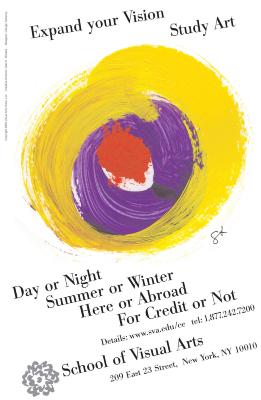 Posters depicts: Diagonally oriented text against a white background, centering a yellow purple and red paint splotch.