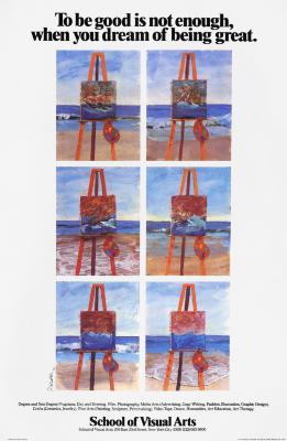 Posters depicts: Color illustration of a grid of seemingly identical portraits of ships on easels on a beach, save for the boat sinking more in every frame, and the tides coming in and out.