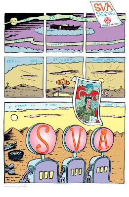 Posters depicts: Surreal, colorful comic involving a man and ghosts at a gas station. His car appears to be floating on a cloud in the sky.