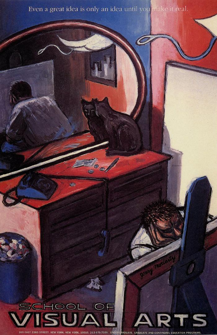 Posters depicts: Painting focusing on the interior of a man's room as he ponders a painting; a red dresser with a phone, blank canvas, large mirror and black cat on top are visible.