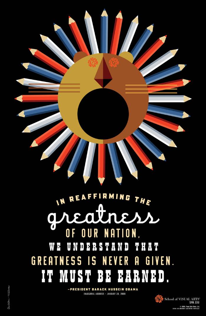 Posters depicts: Graphic of a geometric lion with a man made up of red white and blue pencils against a black background. Text appears in white and yellow.