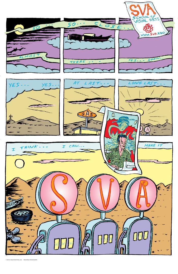 Posters depicts: Surreal, colorful comic involving a man and ghosts at a gas station. His car appears to be floating on a cloud in the sky.