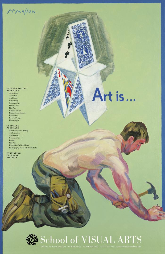Posters depicts: Painting of a shirtless man hammering in a nail on the ground; above him is a stacks of playing cards against a green background.