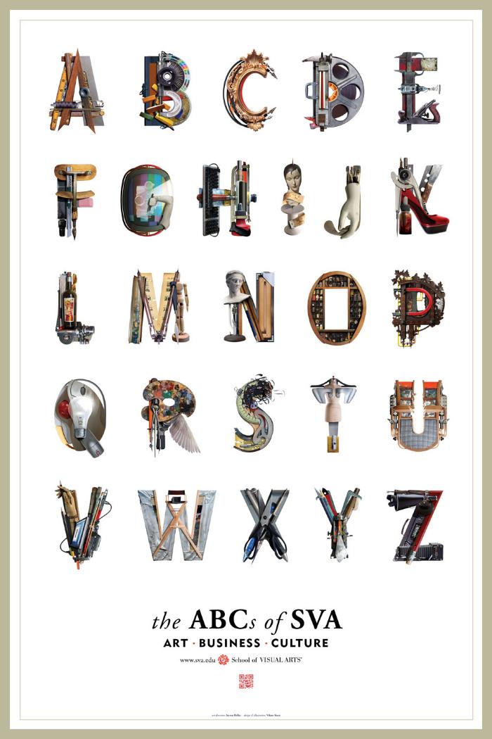 Posters depicts: The english alphabet arranged in a grid-like pattern; letters are collaged together from various objects including art supplies and mannequin parts.
