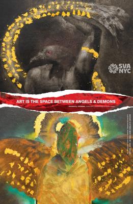 Posters depicts: Text is contained inside a red rip, separating two images of angelic and demonic figures done in paint and collage.