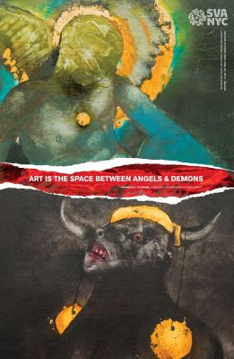 Posters depicts: Text is contained inside a red rip, separating two images of angelic and demonic figures done in paint and collage.