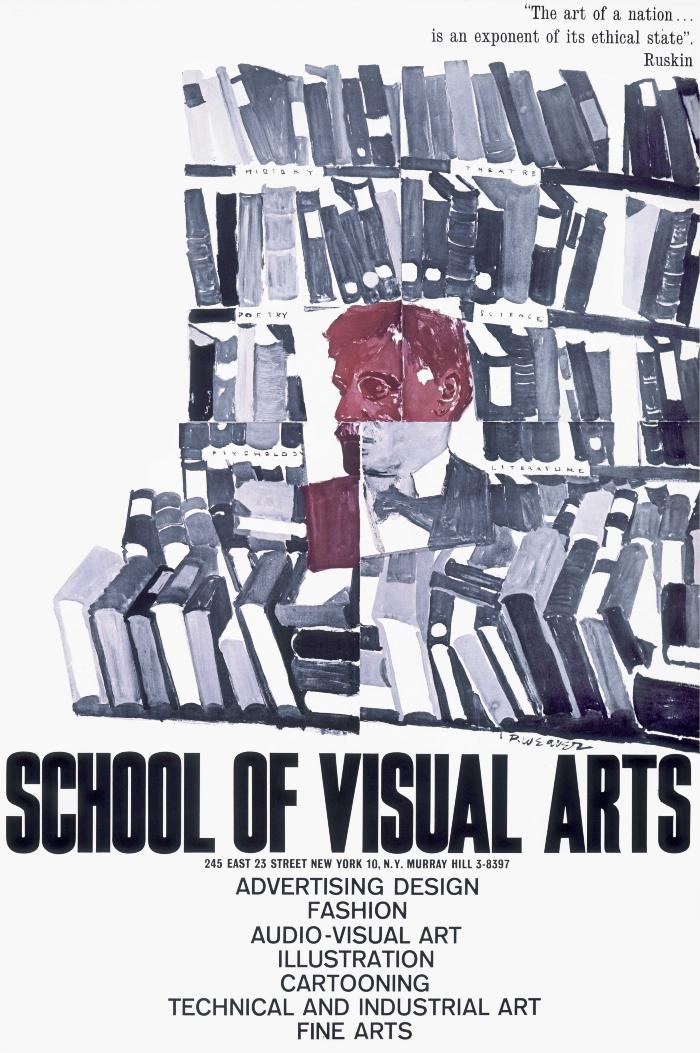 Posters depicts: Portrait of a man, segmented to resemble a collage, surrounded by purple books against a white background.