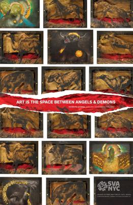 Posters depicts: An arrangement of boxes containing dark images of rough, partially collaged drawings of angels, demonic creatures and animal silhouettes. Text is contained in a large horizontal rip.