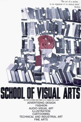 Posters depicts: Portrait of a man, segmented to resemble a collage, surrounded by purple books against a white background.