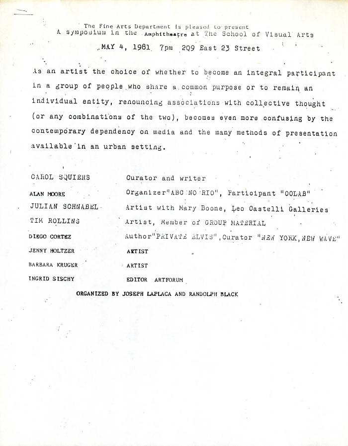 Press Releases depicts: typed press release (Jenny Holzer's last name is misspelled 'Holtzer')