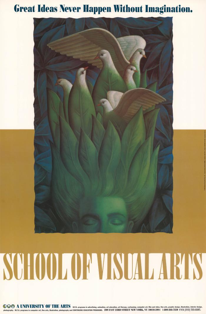 Posters depicts: Against a white and gold background, a rectangular illustration of the top of a green person's head, which turns into leaves, which turns into doves.