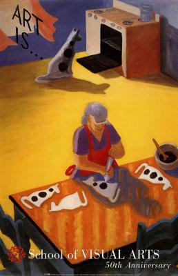 Posters depicts: olor painting of an older woman decorating dog-shaped cookies; in the background, an identical dog looks into the oven.