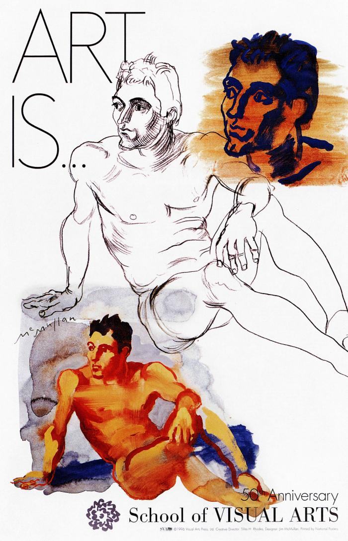 Posters depicts: Black and white sketch of a seated male figure surrounded by color studies of the same image.