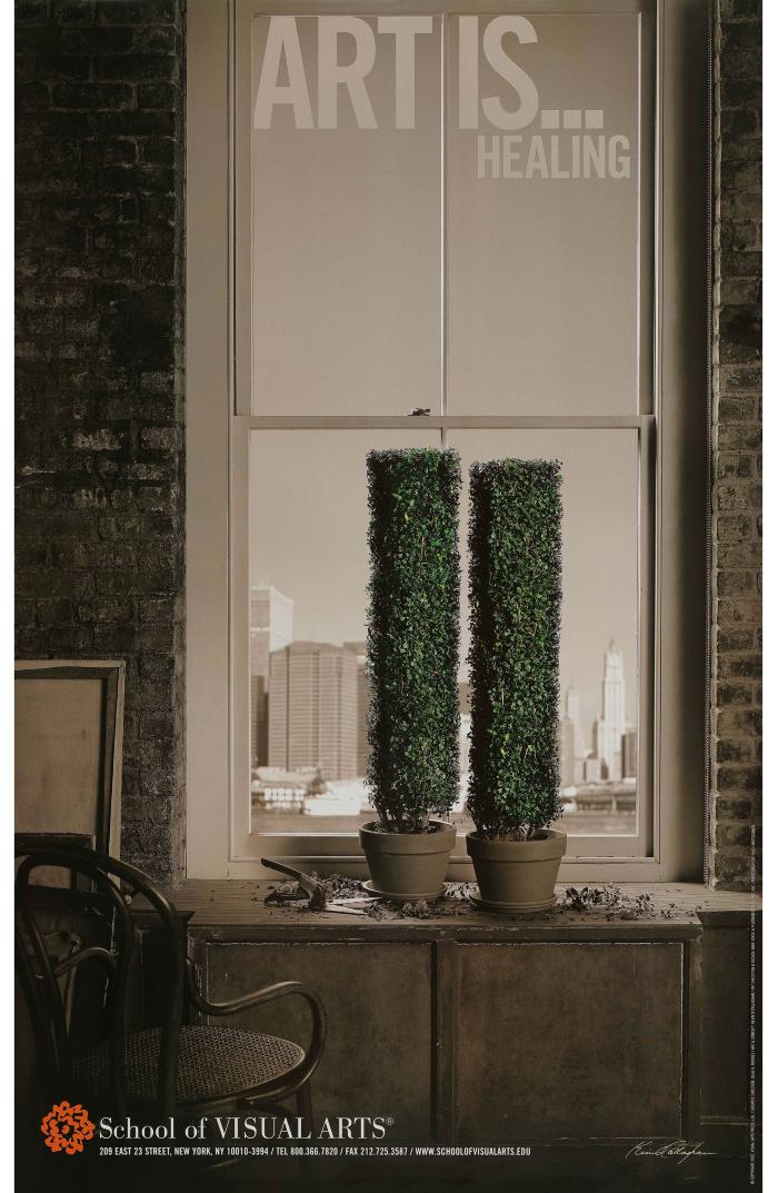 Posters depicts: Primarily sepia photograph of a room's window overlooking a cityscape. Two green potted plants are on the windowsill, trimmed to look like the twin towers.