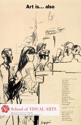 Posters depicts: Graphite drawing against a light yellow background of diverse people waiting in line for coffee.
