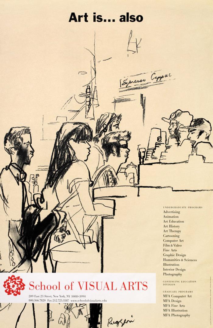 Posters depicts: Graphite drawing against a light yellow background of diverse people waiting in line for coffee.