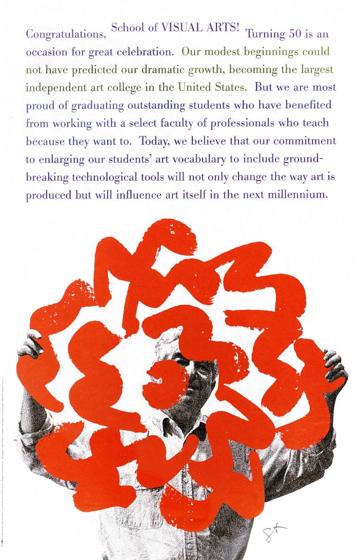 Posters depicts: Paragraph of text against a white background, above a black and white photograph of a man holding up a large red SVA logo.