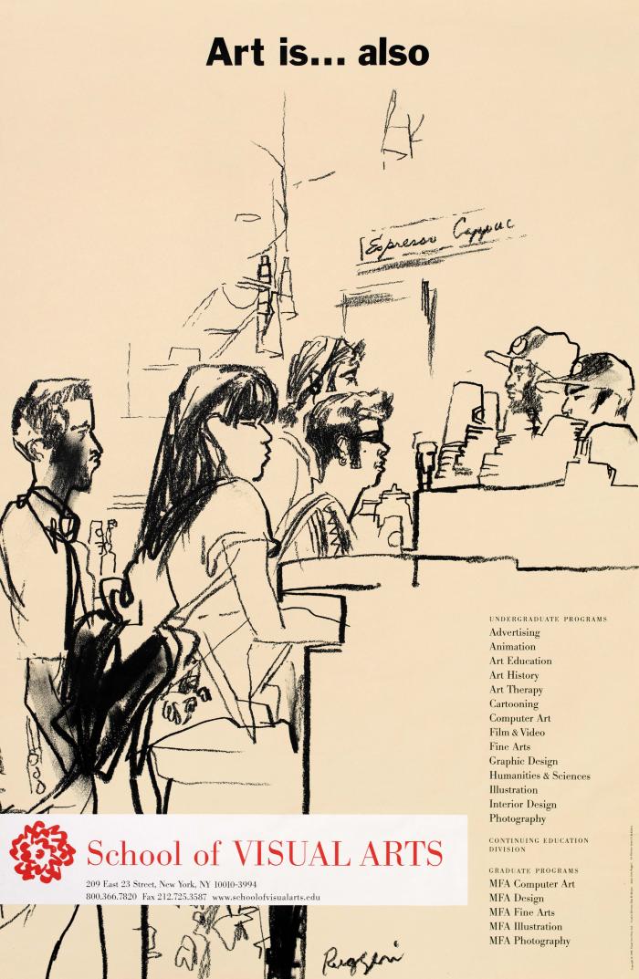 Posters depicts: Graphite drawing against a light yellow background of diverse people waiting in line for coffee.