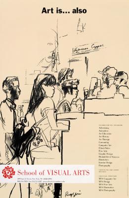 Posters depicts: Graphite drawing against a light yellow background of diverse people waiting in line for coffee.