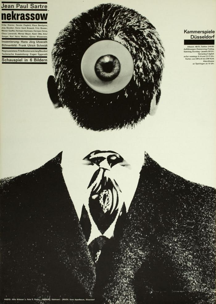 Posters depicts: Black and white man in a suit shown chest up, his head is on backwards so we only see the back, an eyeball has been collaged onto his head